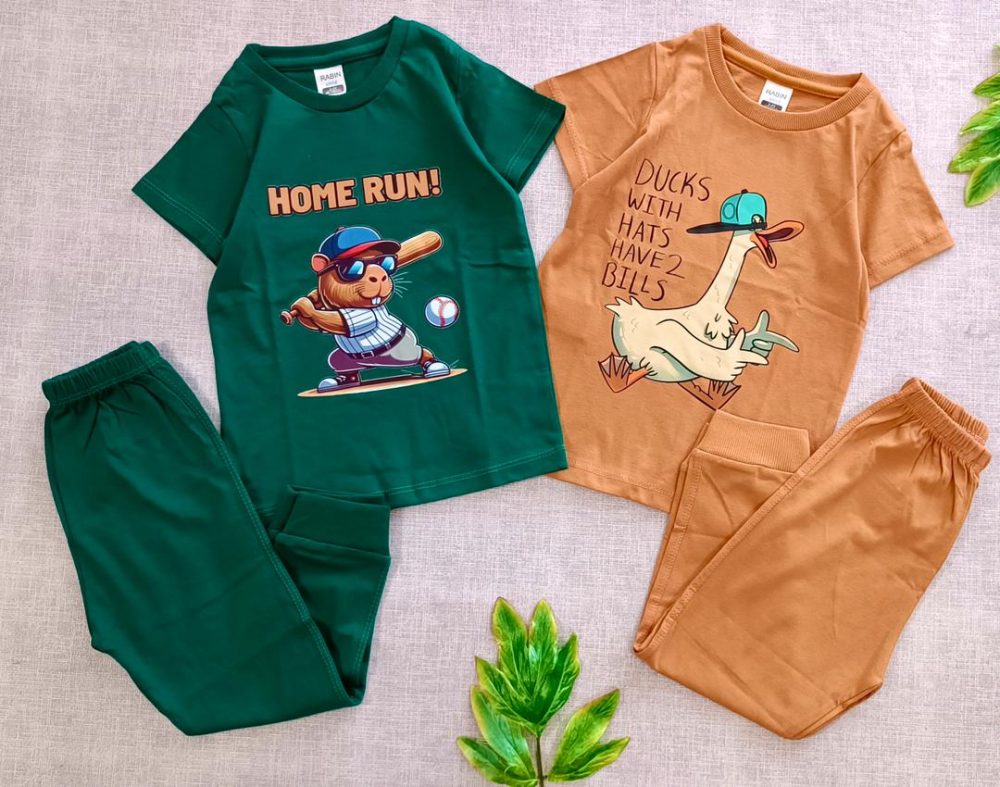 لباس تیشرت و شلوار اسپرت با طرح های متنوع و زیاد مناسب همه فصول و خنک با جنس پنبه و رنگهای جذاب از 2 سال تا 12 سال