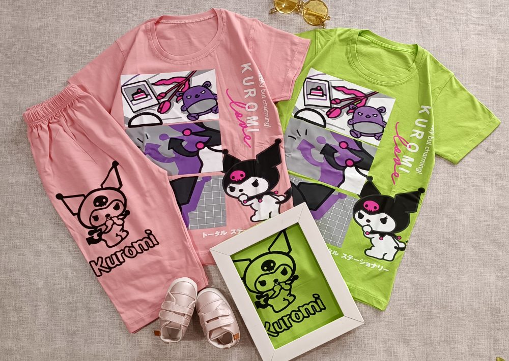 تیشرت و شلوارک دخترانه با طرح کرومی در 6 رنگ پاستلی با جنس پنبه مناسب سن 4 سال تا 10 سال