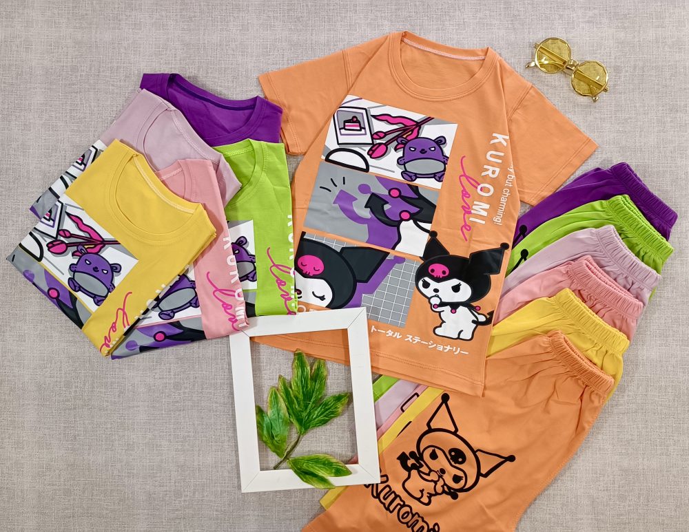 Colorful chrome shorts T-shirt (2) تیشرت و شلوارک دخترانه با طرح کرومی در 6 رنگ پاستلی با جنس پنبه مناسب سن 4 سال تا 10 سال