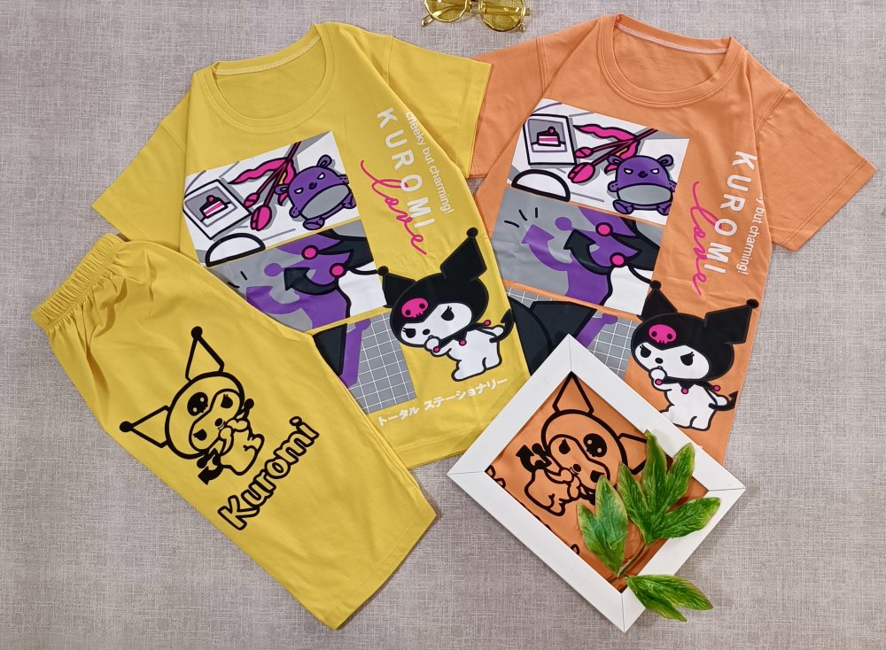 تیشرت و شلوارک دخترانه با طرح کرومی در 6 رنگ پاستلی با جنس پنبه مناسب سن 4 سال تا 10 سال