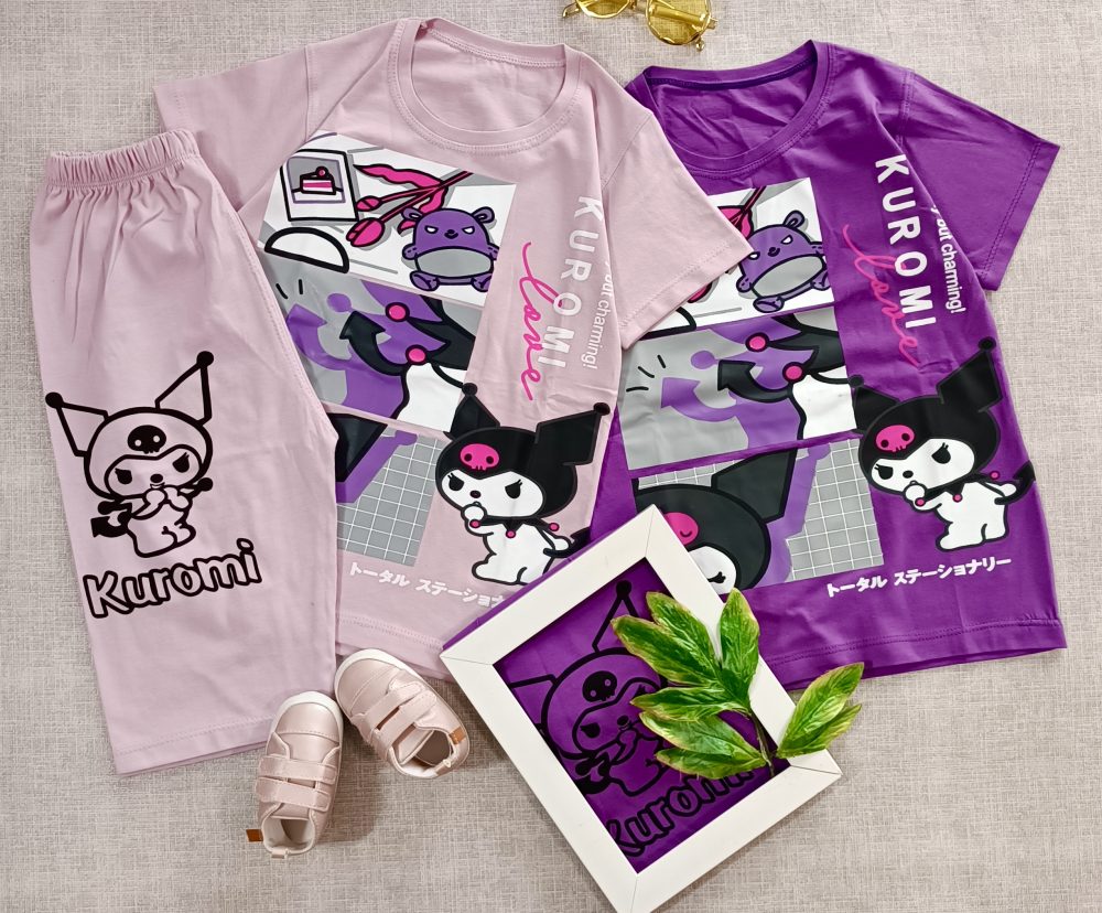 تیشرت و شلوارک دخترانه با طرح کرومی در 6 رنگ پاستلی با جنس پنبه مناسب سن 4 سال تا 10 سال