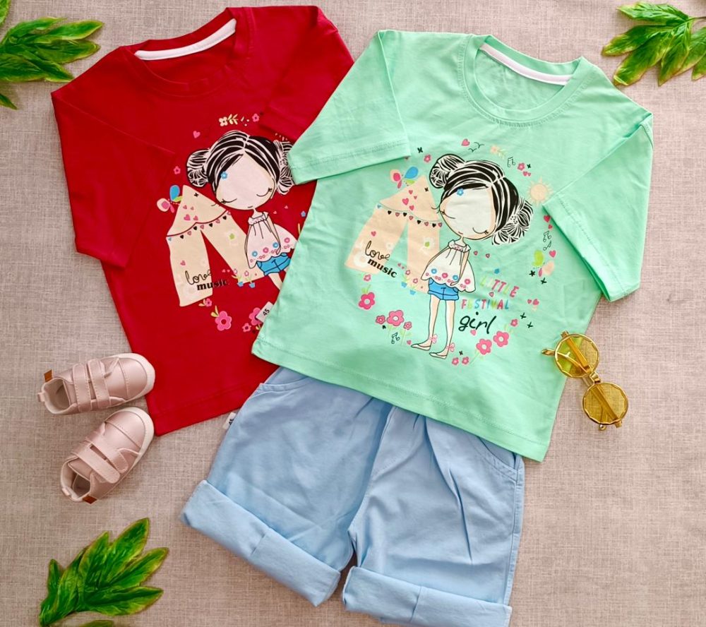Cute girl's crop and flare jeans (1) لباس کراپ با شلوارک جین دخترانه و بیرونی از جنس پنبه و مناسب 2 سال تا 8 سال - تابستانی و در 6 رنگ
