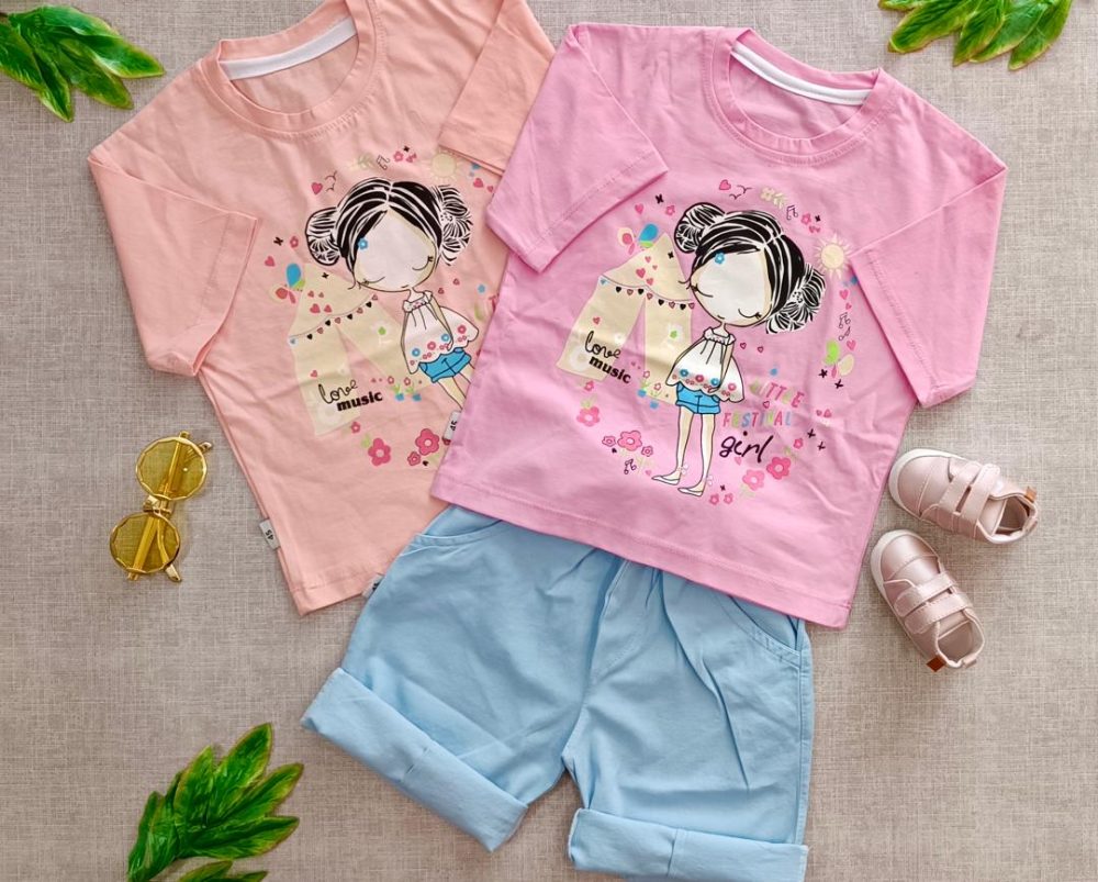 Cute girl's crop and flare jeans (3) لباس کراپ با شلوارک جین دخترانه و بیرونی از جنس پنبه و مناسب 2 سال تا 8 سال - تابستانی و در 6 رنگ