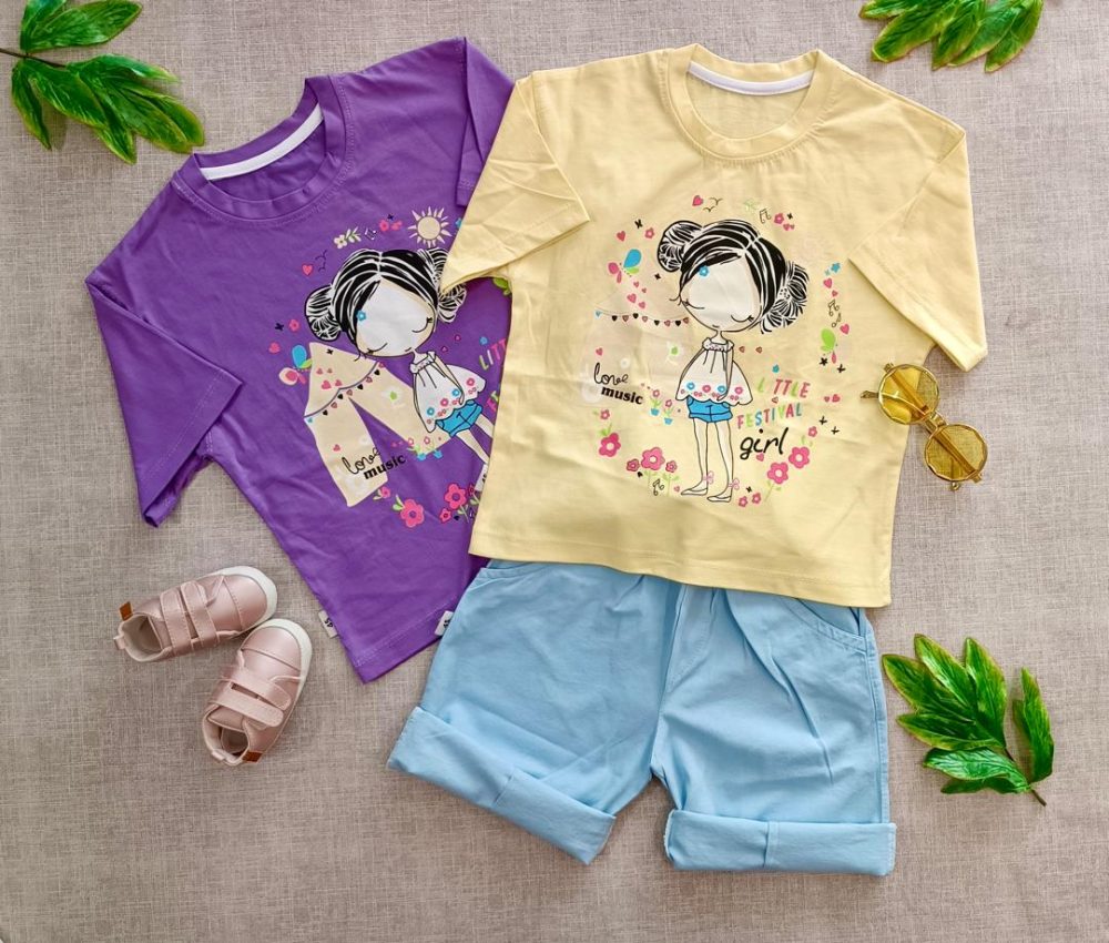 Cute girl's crop and flare jeans (5) لباس کراپ با شلوارک جین دخترانه و بیرونی از جنس پنبه و مناسب 2 سال تا 8 سال - تابستانی و در 6 رنگ