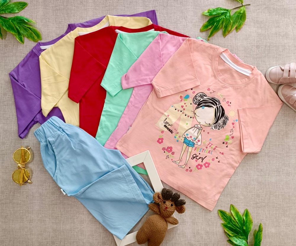 Cute girl's crop and flare jeans (8) لباس کراپ با شلوارک جین دخترانه و بیرونی از جنس پنبه و مناسب 2 سال تا 8 سال - تابستانی و در 6 رنگ