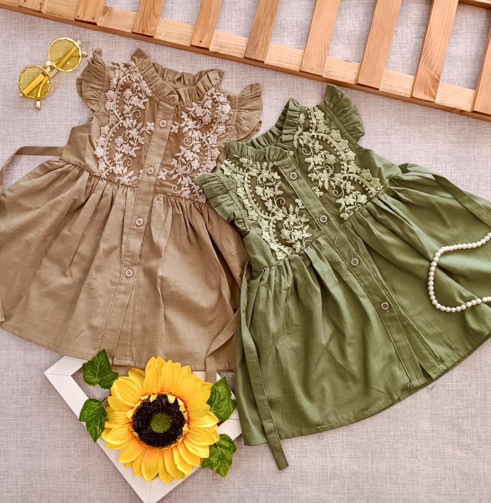 لباس پیراهن دخترانه تابستانی دانتل کارشده در 6 رنگ جذاب مناسب 2 سال تا 12 سال از جنس کتان کاغذی