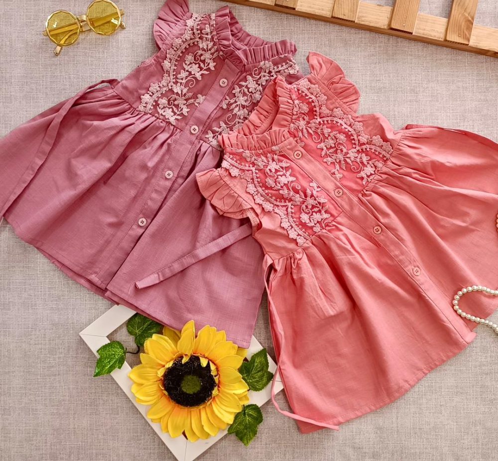 لباس پیراهن دخترانه تابستانی دانتل کارشده در 6 رنگ جذاب مناسب 2 سال تا 12 سال از جنس کتان کاغذی