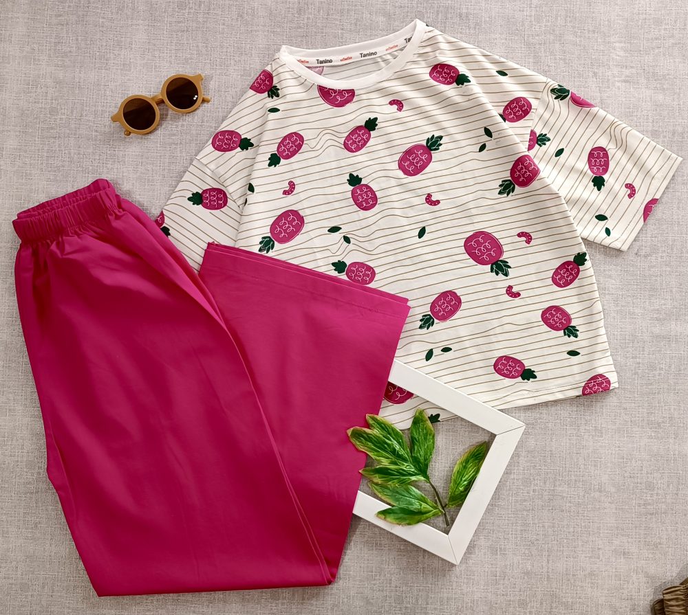 تیشرت و شلوار دخترانه در 3 رنگ با طرح آناناس و جنس پنبه مناسب سن 10 سال تا 16 سال