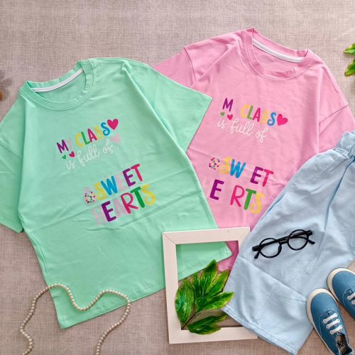 لباس کراپ با شلوارک جین دخترانه بیرونی در 6 رنگ پاستلی مناسب 6 سال تا 12 سال از جنس پنیه