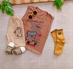 لباس تاپ و شلوارک بچه گانه با طرح تدی نسکافه ای مناسب دختر و پسر با جنس پنبه و خنک مناسب تابستان