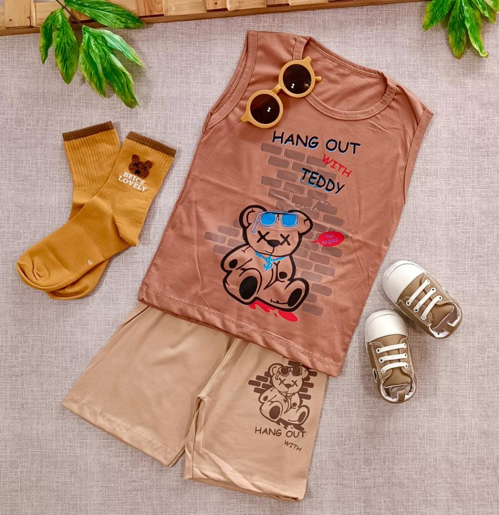 Teddy shorts top (4) لباس تاپ و شلوارک بچه گانه با طرح تدی نسکافه ای مناسب دختر و پسر با جنس پنبه و خنک مناسب تابستان