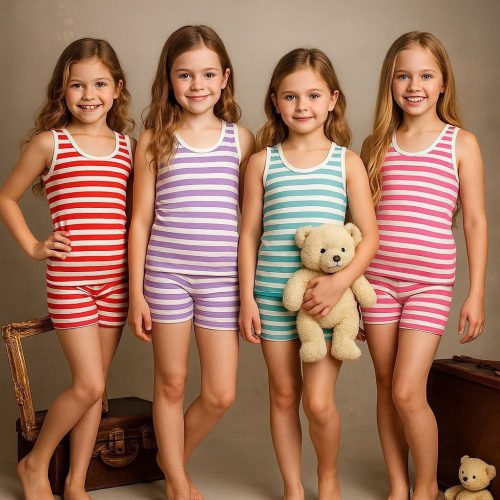Tops and shorts for girls and boys, suitable for ages 3 to 9 years old.