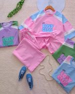Girls' and women's T-shirt and shorts sets, sizes 60 to 70