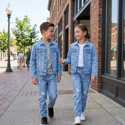 Denim suits for girls and boys, sizes 40 to 60