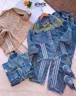 Girls' denim suit (jacket and trousers), ages 4 to 15