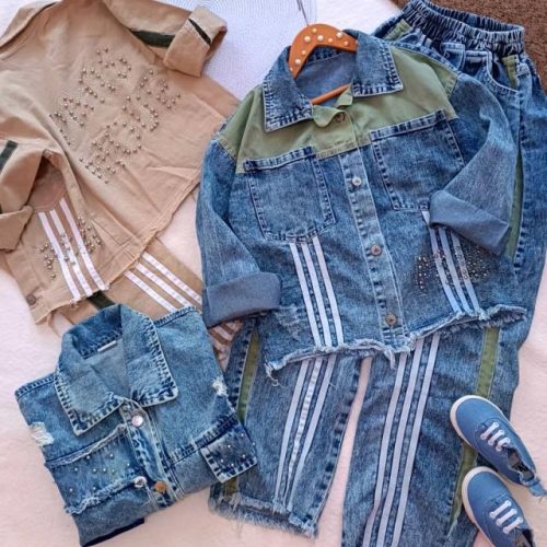 Girls' denim suit (jacket and trousers), ages 4 to 15