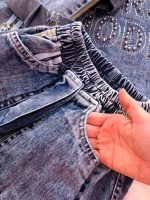 Girls' denim suit (jacket and trousers), ages 4 to 15