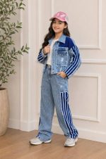 Girls' denim suit (jacket and trousers), ages 4 to 15