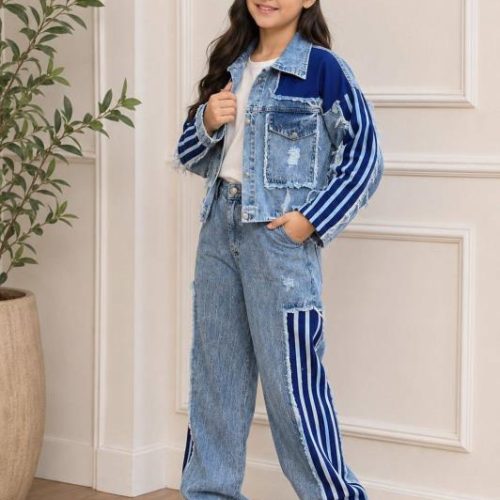 Girls' denim suit (jacket and trousers), ages 4 to 15
